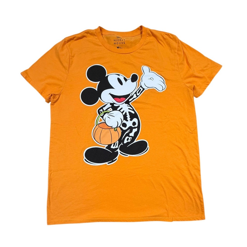 Disney Mickey Mouse Halloween Skeleton Pumpkin Graphic T-Shirt Orange Large